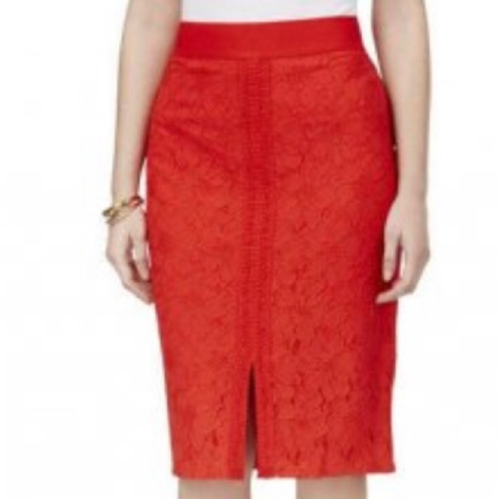 Thalia Sodi racy orange-red lace skirt